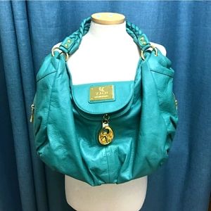 Large Teal Bag, Braided Handle with Gold Hardware